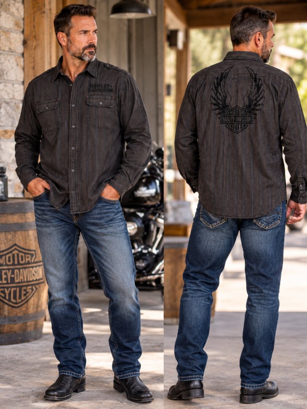 Harley-Davidson Brown Stripe Shirt 3XL Mens Long Sleeve Cotton